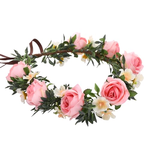 Fairy Pink Flower Crown Headband, Rose Floral Headpiece | Adjustable, Fairy Flower Crown, Women Girls, Renaissance Birthday Wedding Party Photo Props - color: Pink Rose