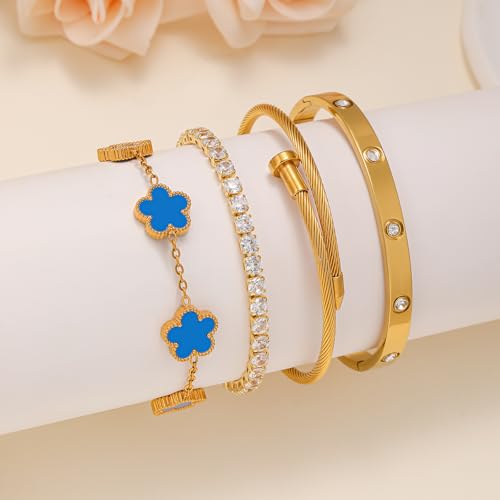 Gold Bracelets for Women, 18K Gold Plated Women Tennis Bracelets Clover Nail Love Bangle Bracelet Set, Gold Bracelet Stackable Set Trendy Jewelry, Gifts for Women's Day and Mother's Day - color: 01-Color-blue