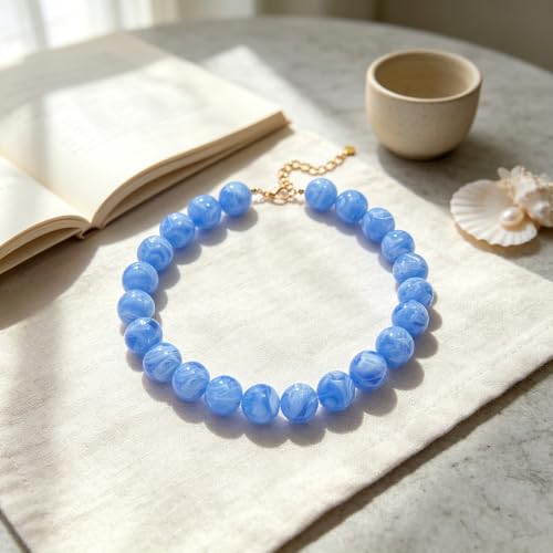 Chunky Necklaces for Women Trendy 20MM Large Resin Beaded Necklace Bold Statement Chunky Choker Necklace Boho Beads Summer Beach Jewelry - color: Sky Blue