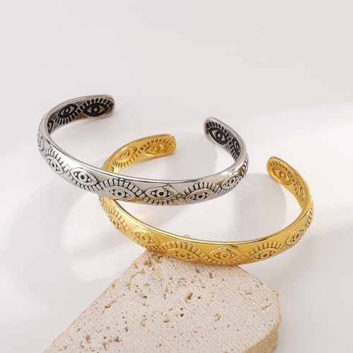 Evil Eye Bracelet, Chunky Gold Bangle Silver Boho Bracelets Open Bohemian Trendy Statement Adjustable Stainless Steel For Women Jewelry Gifts - color: Silver Eye