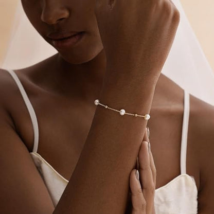 Pearl Bracelets for Women, 14k Gold Plated Dainty Beaded Bracelets Stack Link Chain Charm Bracelets Set Layered Tiny Jewelry for Women Christmas Gifts - style: GD-4