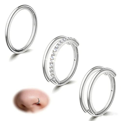 davka Nose Ring Set, 18G Hinged Hoop 8mm & 20G Nose Studs, Stainless Steel & Gold Plated, Hypoallergenic, Multiple Styles Nose Piercing Jewelry - color: Silver/3Pcs Hoops/18gauge 8mm/Set B