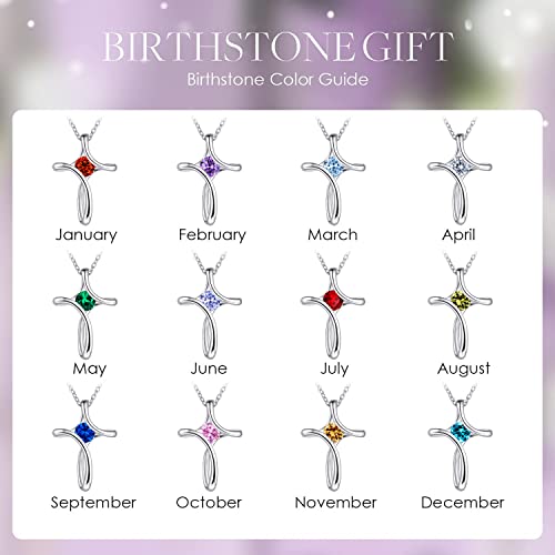 Cross Necklace for Women 925 Sterling Silver Birthstone Necklace for Women | Silver Necklaces with Diamond Sideways Birthstone Jewelry Gifts for Women 45+3cm Adjustable Chain - color: 02-Feb-Amethyst