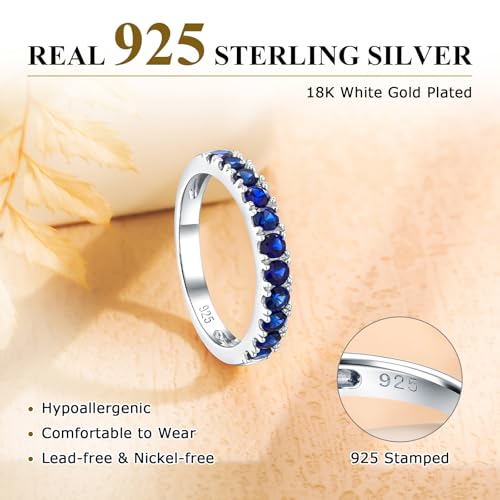 Bezel Set Birthstone Wedding Band 14K Gold Sterling Silver Stackable Half Eternity Band Rings 2.5mm Wide Ruby/Amethyst/Sapphire/Emerald Green/Aquamarine Ring for Women, Send Gift Box - style: 09-Created Sapphire