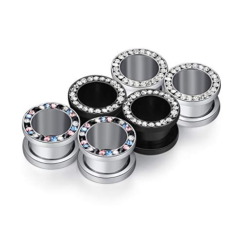 WBRWP Unisex Women 6pcs/8pcs-3pairs/4pairs Hollow Zircon Stainless Steel Screw Ear Plugs Tunnels with ZirconEar Plugs Tunnels - Ear Expander - Ear Gauges Stretcher Body Piercing 8g-5/8 - color: 3pairs(6pcs) set with Zircon