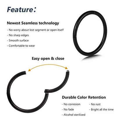 4Pcs 16G 18G 20G Surgical-Steel-Piercing-Ring-Nose-Rings-Hinged-Hoop-Earrings,6mm 8mm 10mm 12mm Seamless Stainless Steel Clicker Eyebrow Septum Piercing Hoop,Sliver Black Gold Rose Gold Rainbow Body Jewelry Set - color: 18G Black
