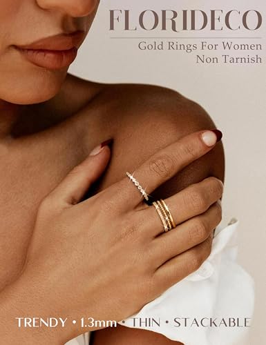 Florideco 14K Gold Plated Stackable Rings for Women Non Tarnish Dainty Cubic Zirconia Thumb Ring Set Silver Plated Stacking Set Statement Promise Band Ring Sets - color: 14K Gold-plated