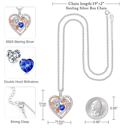 Iefil Heart Birthstone Necklace for Women - Double Birthstone Jewelry | 925 Sterling Silver, Gift Box Packaging, Anniversary Birthday Gifts for Women Wife Mom - color: 04-09-Apr-Sept Birthstone