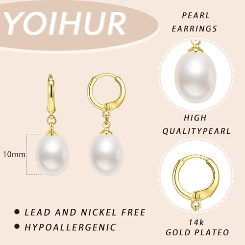 YOIHUR Drop Dangle Pearl Earrings for Women, Dainty 14K Gold Plated Pearl Hoop Earrings Hypoallergenic Wedding Pearls Dangle Earrings Jewelry Gift for Women Bridal - color: Gold-Pure Oriental Pearl Earrings