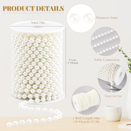Craft String Pearls Bead 6MM for Wedding Christmas Tree Decorations DIY | 33 Feet Ivory Fake Pearl Garland Beads Trim - size: 6mm/10.1m