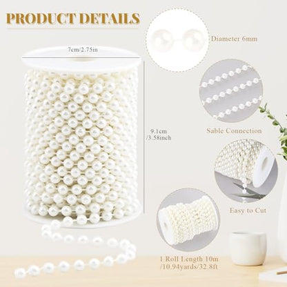 Craft String Pearls Bead 6MM for Wedding Christmas Tree Decorations DIY | 33 Feet Ivory Fake Pearl Garland Beads Trim - size: 6mm/10.1m