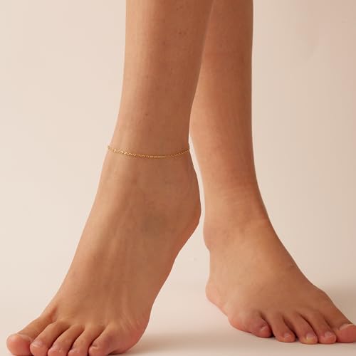 NONAMOIS Ankle Bracelets for Women Dainty 18K Gold Plated Anklet Waterproof Round Beaded Paperclip Herringbone Pearl Chain Anklets Waterproof Beach Foot Jewelry - color: O Chain-Gold