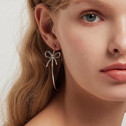 OwMell Large Hoop Earrings for Women 925 Sterling Silver Post 14K Gold Plated Big Hoops Earrings Trendy Pearl Cubic Zirconia Hoop Earrings - color: Bowknot Silver