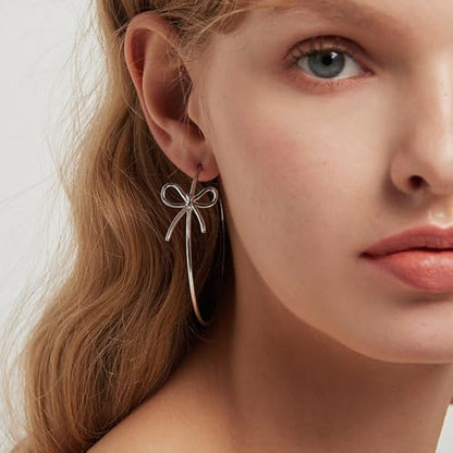 OwMell Large Hoop Earrings for Women 925 Sterling Silver Post 14K Gold Plated Big Hoops Earrings Trendy Pearl Cubic Zirconia Hoop Earrings - color: Bowknot Silver