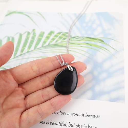 iSTONE 925 Sterling Silver Natural Crytral for Womens Pendant Necklace, Gemstone Birthstone with 17.8" Silver Chain Ladies - color: Obsidian