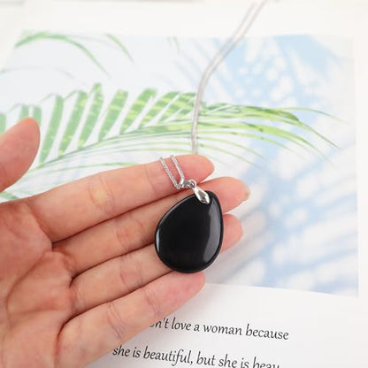 iSTONE 925 Sterling Silver Natural Crytral for Womens Pendant Necklace, Gemstone Birthstone with 17.8" Silver Chain Ladies - color: Obsidian