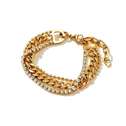 CTRLZTEAM 14K 18K Gold Plated Layered Bracelets for Women Stacked Bracelet | 14K 18K gold plated multi layer bracelets combine distinct chains with single clasp for instant pre-stacked style - style: Integrated Bold Triple-Layer