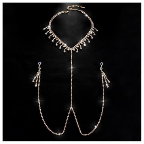 Rhinestone Tassel Choker Necklace Sexy Non Piercing Nipple Jewelry Summer Beach Chest Body Chain Crystal Nipple Body Accessories Jewelry for Women - color: Gold