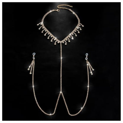 Rhinestone Tassel Choker Necklace Sexy Non Piercing Nipple Jewelry Summer Beach Chest Body Chain Crystal Nipple Body Accessories Jewelry for Women - color: Gold