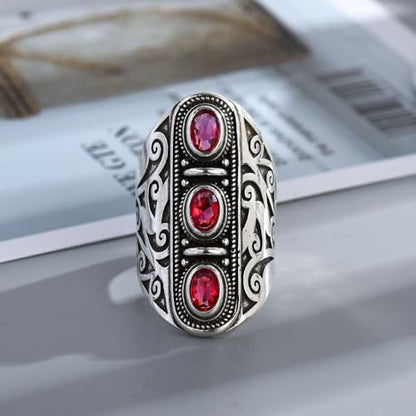 Vintage Silver Engraved Statement Big Ring for Women Men Antique 3 Stone Ruby Diamond Cut Oval Gemstone Cocktail Court Ring Art Deco Boho Open Wide Band Cocktail Anniversary Ring