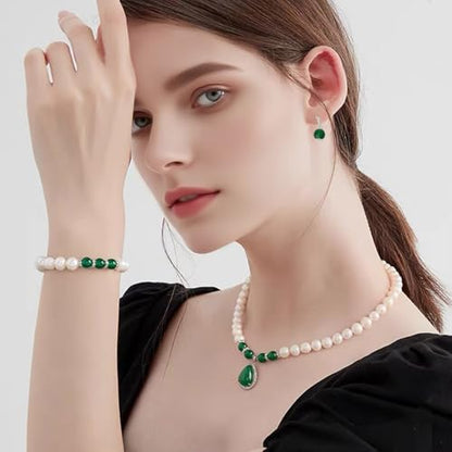 Faux Pearl Jade Necklace Earring Bracelet Set Green Bead Drop Earrings Elastic Beaded Bracelet for Mom Bride Adjustable Simulated Jade Pearl Choker with Diamond for Wedding Birthday Party Gifts 3PCS