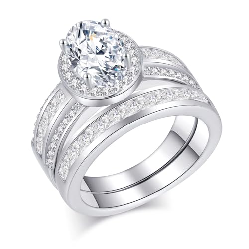 CEJUG 3Ct Princess Wedding Rings for Women Engagement Ring Set Bands 18k White Gold Plated Halo Cz Size 6-10 - color: White Oval