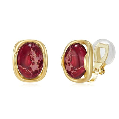YOQUCOL Natural Stone Trendy Clip On Stud Earrings for Women Gold Plated Non Pierced Statement Earrings Fashion Jewelry - color: Oval-Red