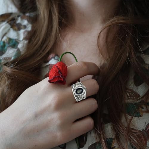HAIXIAN Natural Black Obsidian Wide Band Ring,Retro S925 Sterling Silver Statement Thumb Index Chunky Band Ring,Cocktail Party Bohemian Ring Jewelry for Women