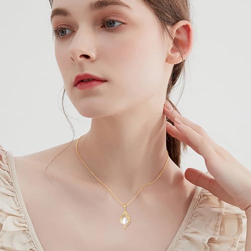DOVRAN 14k Gold Pearl Necklace for Women Solid Gold Freshwater Pearl Pendant 8mm Pearl Jewelry Gift Christmas