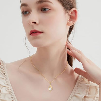 DOVRAN 14k Gold Pearl Necklace for Women Solid Gold Freshwater Pearl Pendant 8mm Pearl Jewelry Gift Christmas