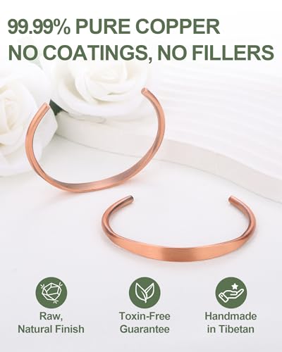 Pure Copper Bracelet – Copper Bracelet for Men & Women – 100% Solid, Raw & Uncoated Handmade Hammered Tibetan Cuff Bangle - color: Women's Minimalist Design & Fit Tiny Wrists-713