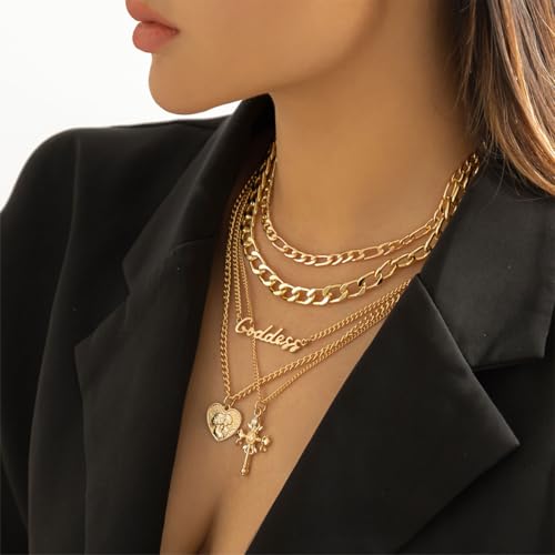Chunky Gold Necklace Stack Layered Gold Necklaces for Women Non Tarnish Silver Statement Necklace Paperclip Chain Necklace Set Layering Big Heart Coin Cross Necklace Chunky Jewelry - style: 3 - gold with cross