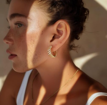 DREMMY STUDIOS Gold Dainty Huggie Hoop Earrings 18K Gold Plated Exquisite Open Tassel Dangle Charm Drop Sleeper Geometric Cross Coin Star Heart White CZ Simple Hypoallergenic Earrings for Women - color: Hollow-CZ