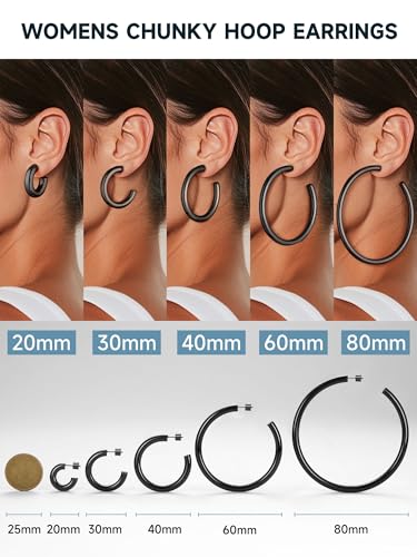 PROSTEEL Chunky Hoop Earrings for Women 14K Gold Plated/Black/Silver | 20/30/40/50/60/70/80mm Stainless Steel Thick Big Round Hoop with Waterproof and Non Tarnish Trendy Jewelry with Gift Box - color: 2. Black, size: 20MM