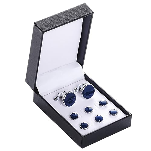 Tuxedo Studs and Cufflinks Set, Mens Cufflinks and Cuff Studs Set, Formal Shirt Buttons with Gift Box for Wedding Business Suit Accessories - color: Blue/Silver