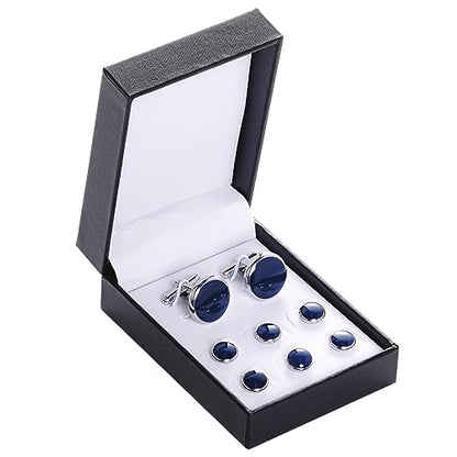Tuxedo Studs and Cufflinks Set, Mens Cufflinks and Cuff Studs Set, Formal Shirt Buttons with Gift Box for Wedding Business Suit Accessories - color: Blue/Silver