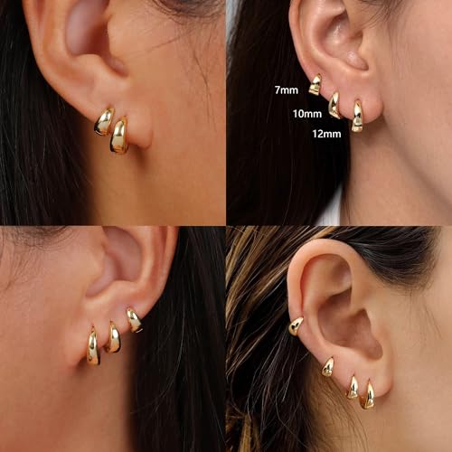 CHESKY 4 Pairs Small Huggie Hoop Earrings for Women - Chunky 14K Gold Plated/Silver Plated Lightweight Earring Stacks Cartilage Hoop Earrings Set for Multiple Piercing Trendy Jewelry - style: 4hoops-gd