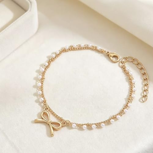 Frodete Bow Anklet for Women Layered Faux Pearl Ankle Bracelet Adjustable Summer Beach Foot Jewelry Gift Accessory