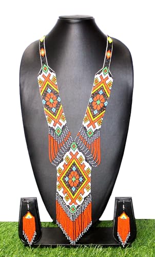 Long Beaded Necklace – Boho Native Handmade Seed Bead Tassel Necklace, Bohemian Large Statement Beaded Necklace for Women - color: Black Orange