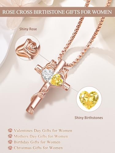 Rose Gold Cross Necklace with 2 Birthstones and Rose | Cross with Birthstone Necklace, Hypoallergenic, Adjustable Rolo Chain, Birthday Gifts, Catholic Christian Religious Jewelry - color: 04-11-Apr-Nov Birthstone