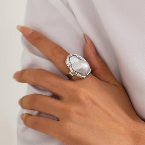 GIGB PBDK Gold Plated Baroque Pearl Ring for Women Fashion Chunky Irregular Pearl Knuckle Statement Ring Minimalist Promise Ring Bridal Wedding Charm Jewelry - color: Silver
