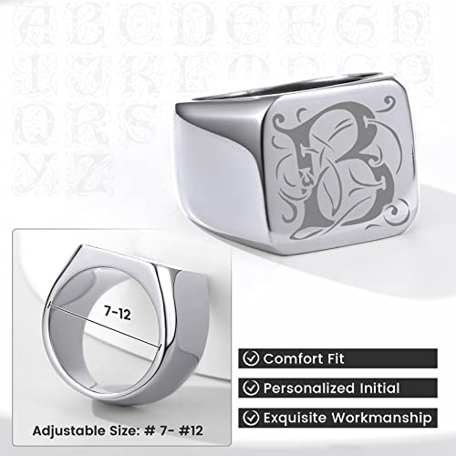 GoldChic Jewelry Personalized Signet Rings Men Women, Stainless Steel Custom Photo Bold Square/Oval Monogram/Old English Initial Pinky Stacking Statement Ring in Black/Silver/Gold (Size 7-14) - color: Steel-Initial -Square