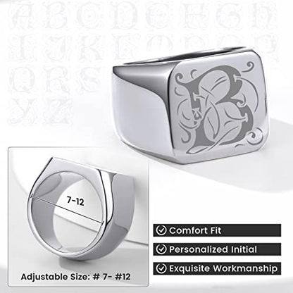 GoldChic Jewelry Personalized Signet Rings Men Women, Stainless Steel Custom Photo Bold Square/Oval Monogram/Old English Initial Pinky Stacking Statement Ring in Black/Silver/Gold (Size 7-14) - color: Steel-Initial -Square