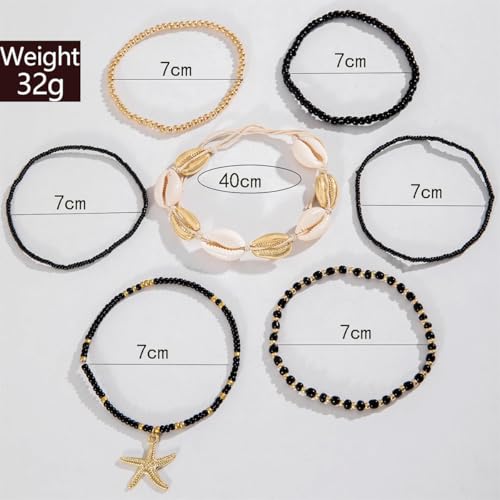 Bohemian Stackable Shell Beaded Ankle Bracelets for Women Colorful Boho Multi-Layer Seashell Gold Starfish Adjustable Handmade Braid Bracelet Summer Beach Holiday Accessories Gifts - color: Black