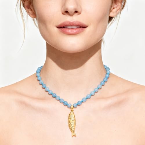 Fish Necklace for Women Gold Plated Fish Pendant Adjustable Necklace Bohemian Beach Jewelry - style: boho blue bead