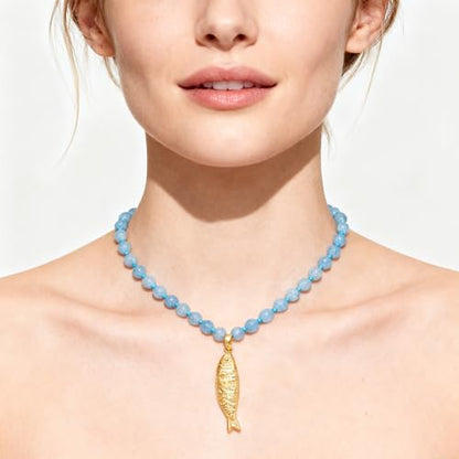 Fish Necklace for Women Gold Plated Fish Pendant Adjustable Necklace Bohemian Beach Jewelry - style: boho blue bead