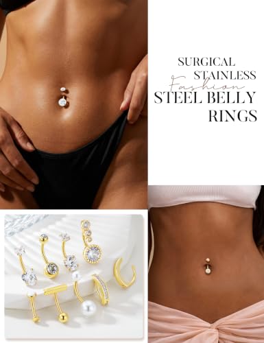 Hypoallergenic Belly Button Ring for Women | 14G, Stainless Steel, Gold Heart CZ Beaded Ball Pearl Belly Ring Stack, Curved Navel Belly Button Piercing Body Jewelry, 9PCS - color: 9PCS-14K Gold Plated