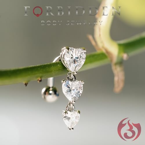 Forbidden Body Jewelry Surgical Steel Sexy Dangle Reverse Mount Triple CZ Vertical Drop Belly Button Ring - color: Rose Gold, Heart CZ's