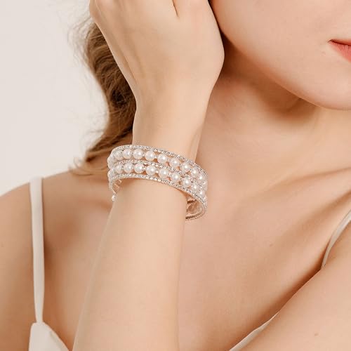 Pearl Stretch Cuff Bracelet for Women Adjustable Multilaye Rhinestone Crystal Bracelet Wedding Party Brides Bridesmaid Jewelry - color: A style