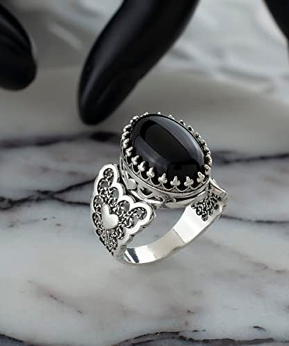 Filigranist 925 Sterling Silver Handcrafted Filigre Art Double Heart Detailed Women Cocktail Ring with Gemstones - color: Black Onyx
